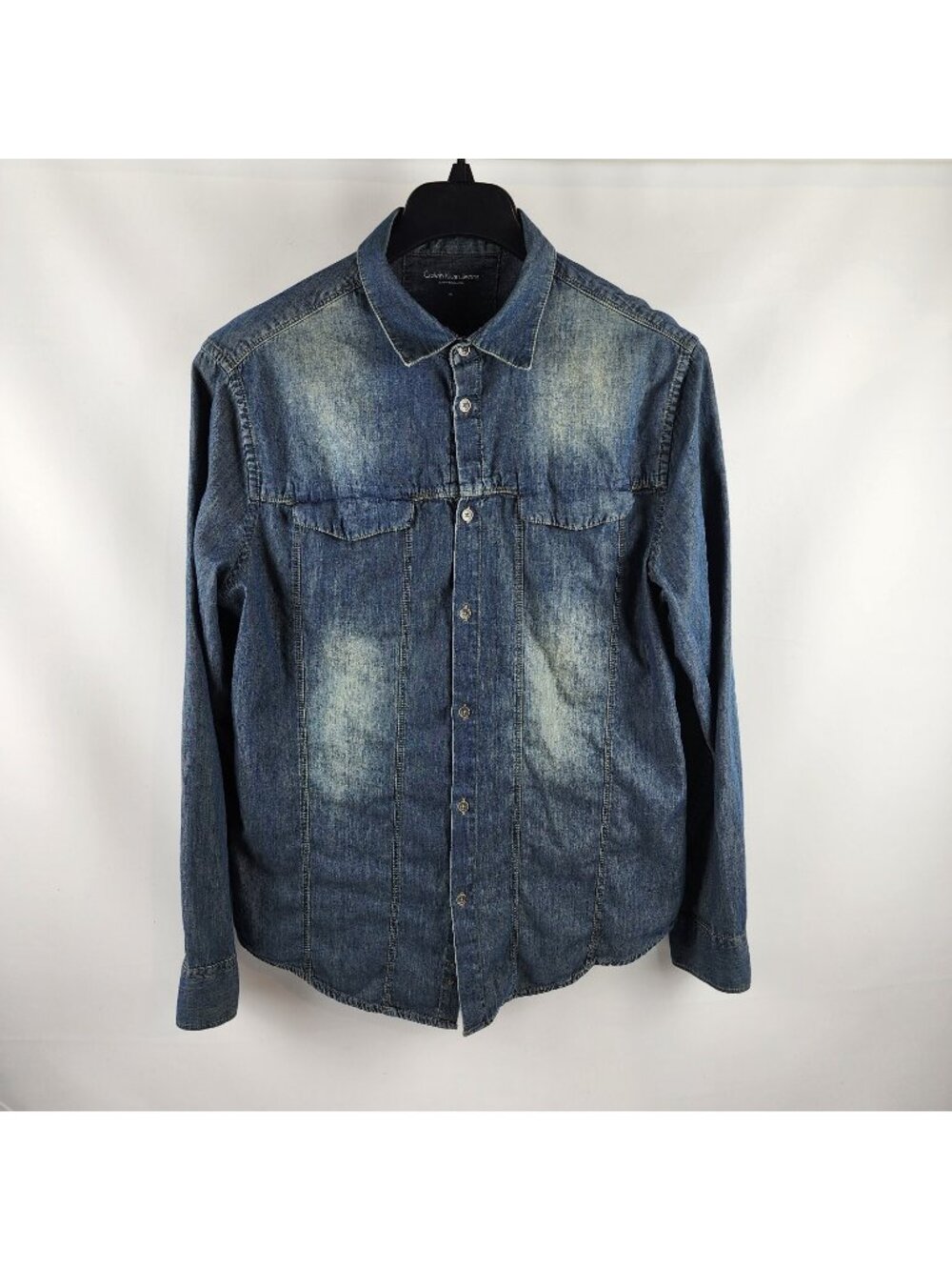 Calvin Klein Shirt Mens M Chambray Denim Blue Long Sleeve 100% Cotton